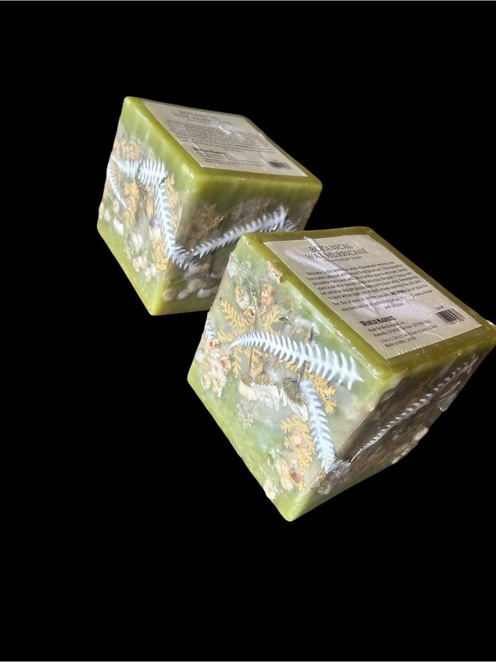 NWT World Market Botanical Wax Hurricane Candle Holders Set of 2 Green Fern